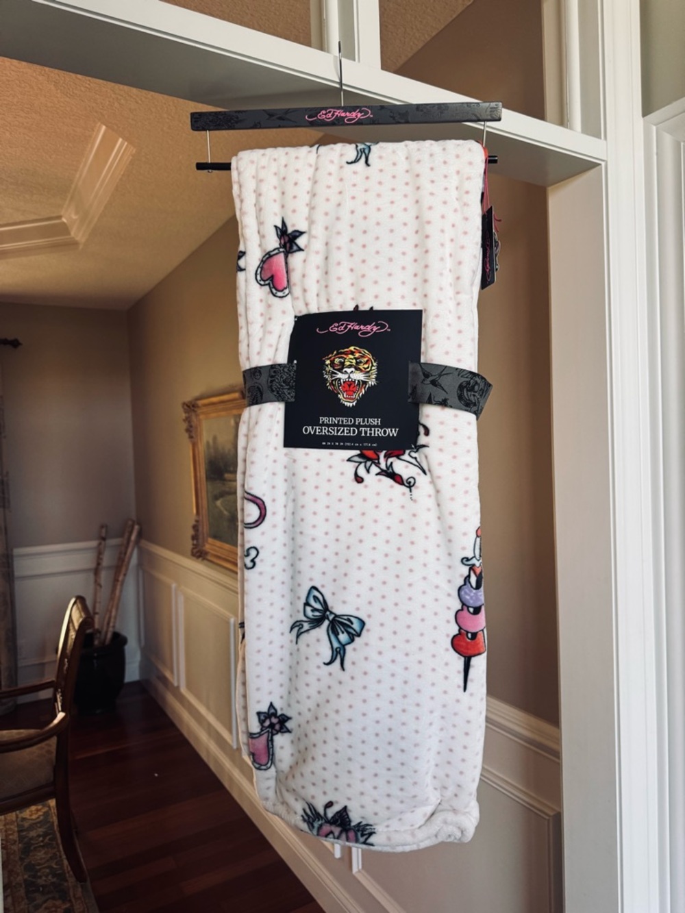 Ed Hardy Oversized Pink Polka Dot Plush Throw with Tattoo-Inspired Motifs